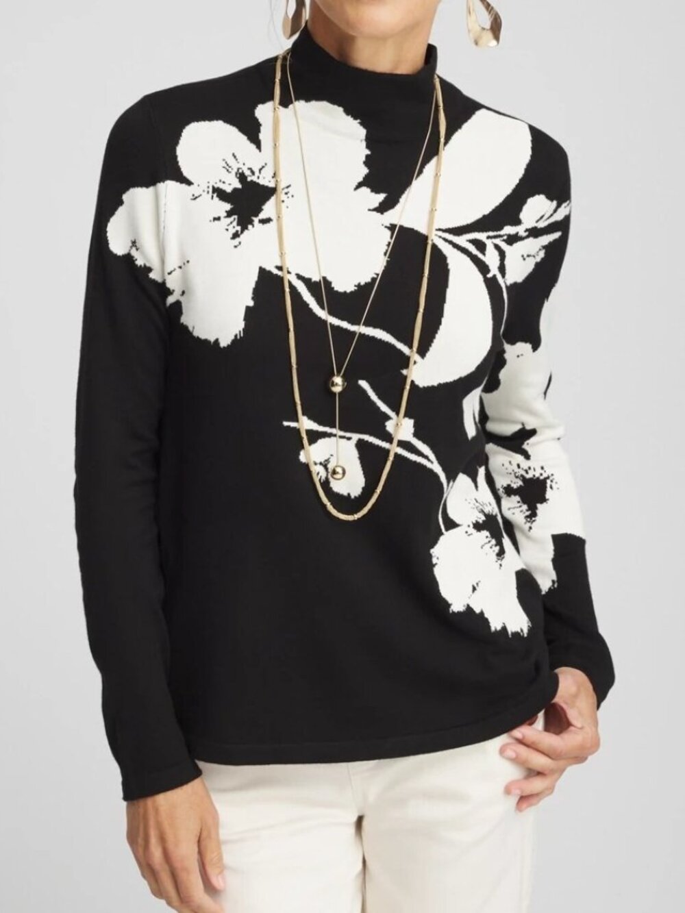 CHICO'S ELLA FLORAL BLACK WHITE TURTLENECK SWEATER SIZE 00 XS